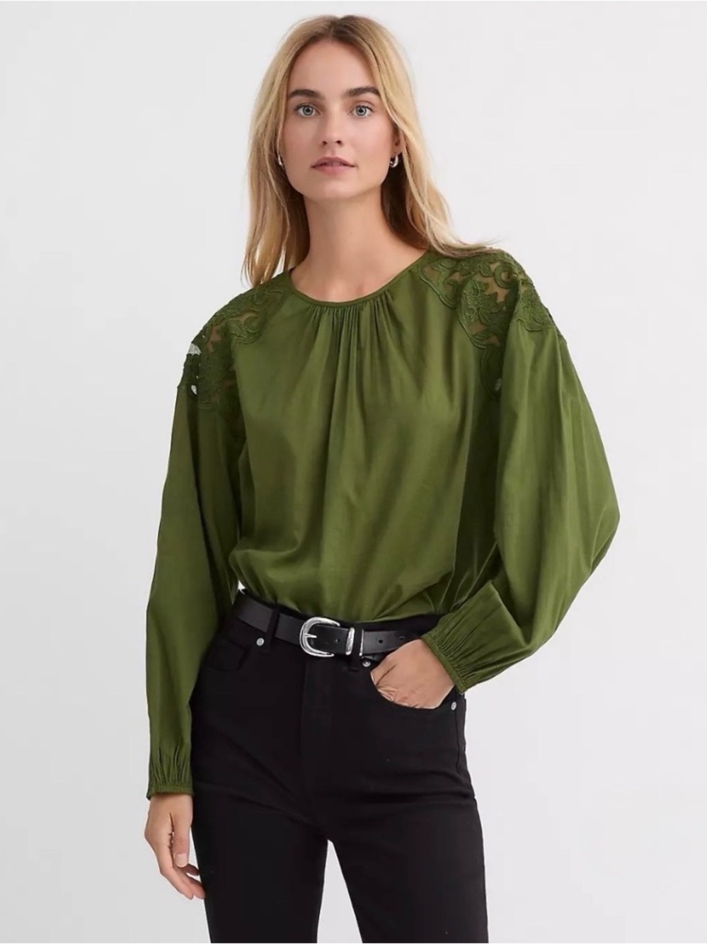 LOFT Ann Taylor Olive Lace Shoulder Blouse